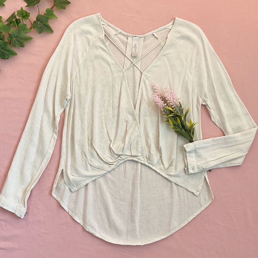 Mahina cross-draped rayon-linen long sleeve top, oatmeal